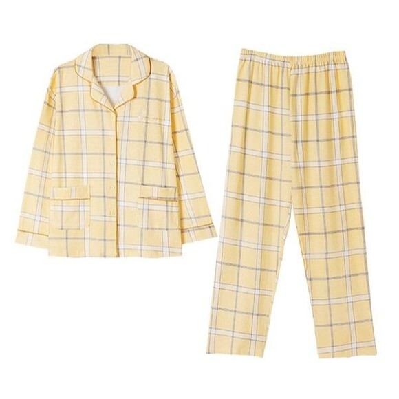 100% Cotton Women Pajama Set 2Pcs Long Sleeve Sleepwear Button Down Yellow Plaid - Picture 2 of 9